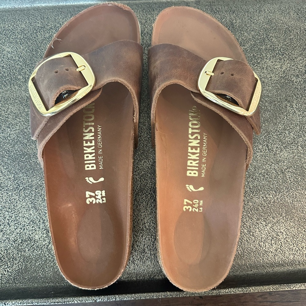 Birkenstock Madrid Big Buckle Sandals. Color- Cognac